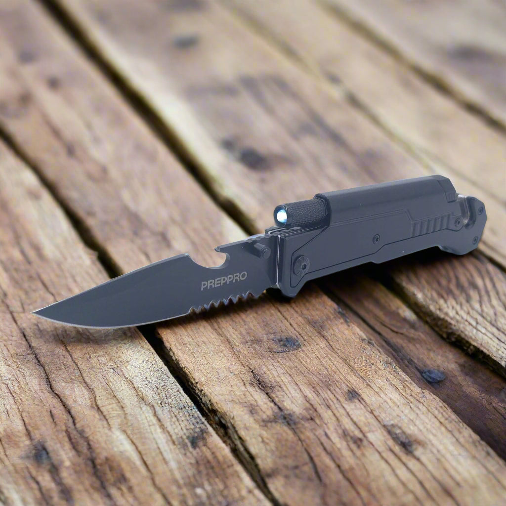 PrepPro - Vision - Folding Knife with built in torch, flint and belt cutter - PrepPro Australia