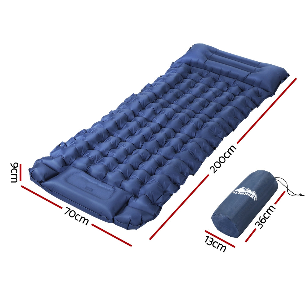 Weisshorn Single Inflatable Camping Mat with Pillow, 200 x 70 x 9cm, Blue