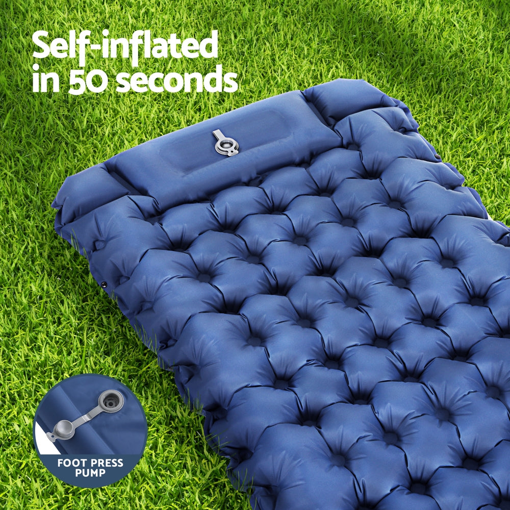 Weisshorn Single Inflatable Camping Mat with Pillow, 200 x 70 x 9cm, Blue