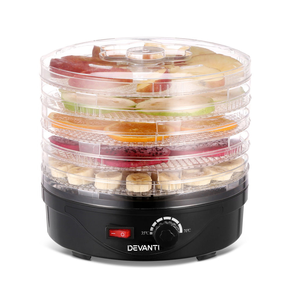 Devanti Food Dehydrator, 5 Adjustable Plastic Trays, 245W, Black