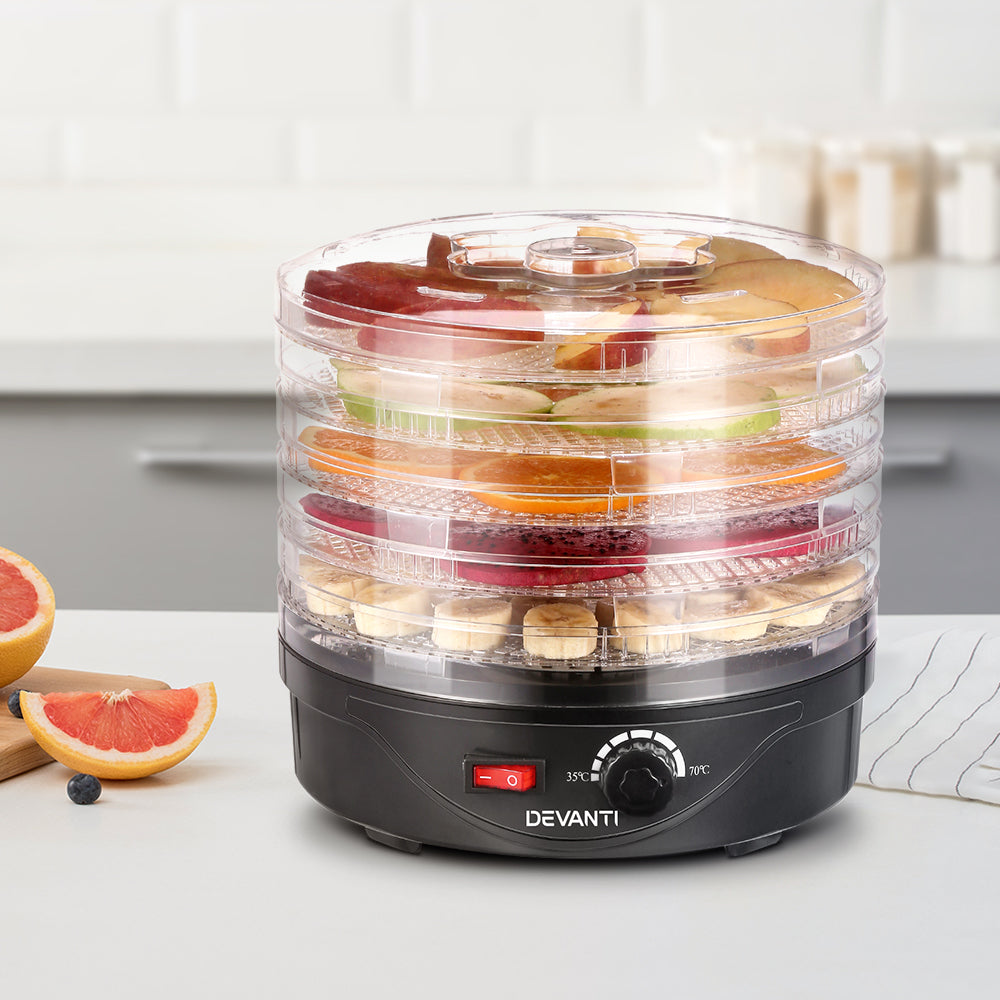 Devanti Food Dehydrator, 5 Adjustable Plastic Trays, 245W, Black