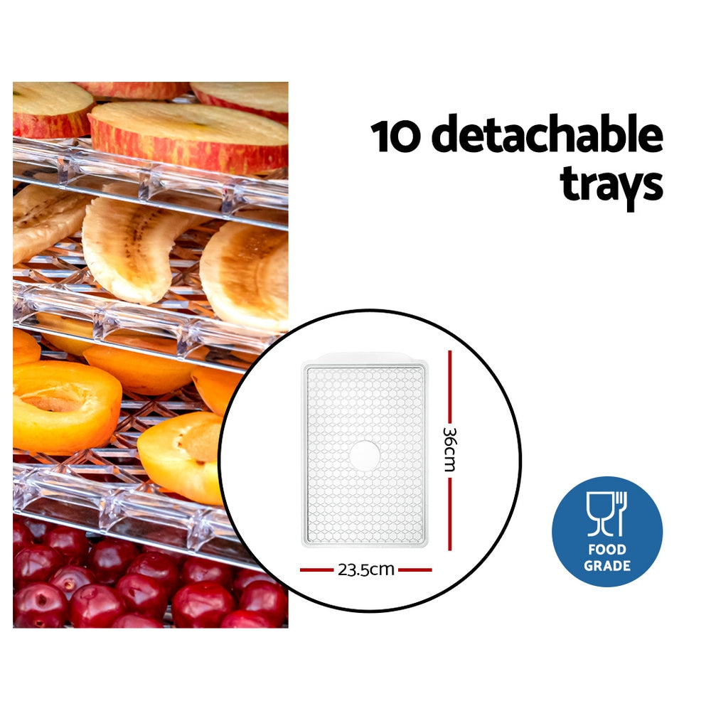 Devanti Food Dehydrator, 10 Plastic Trays, 550W, Clear Door, Digital Timer