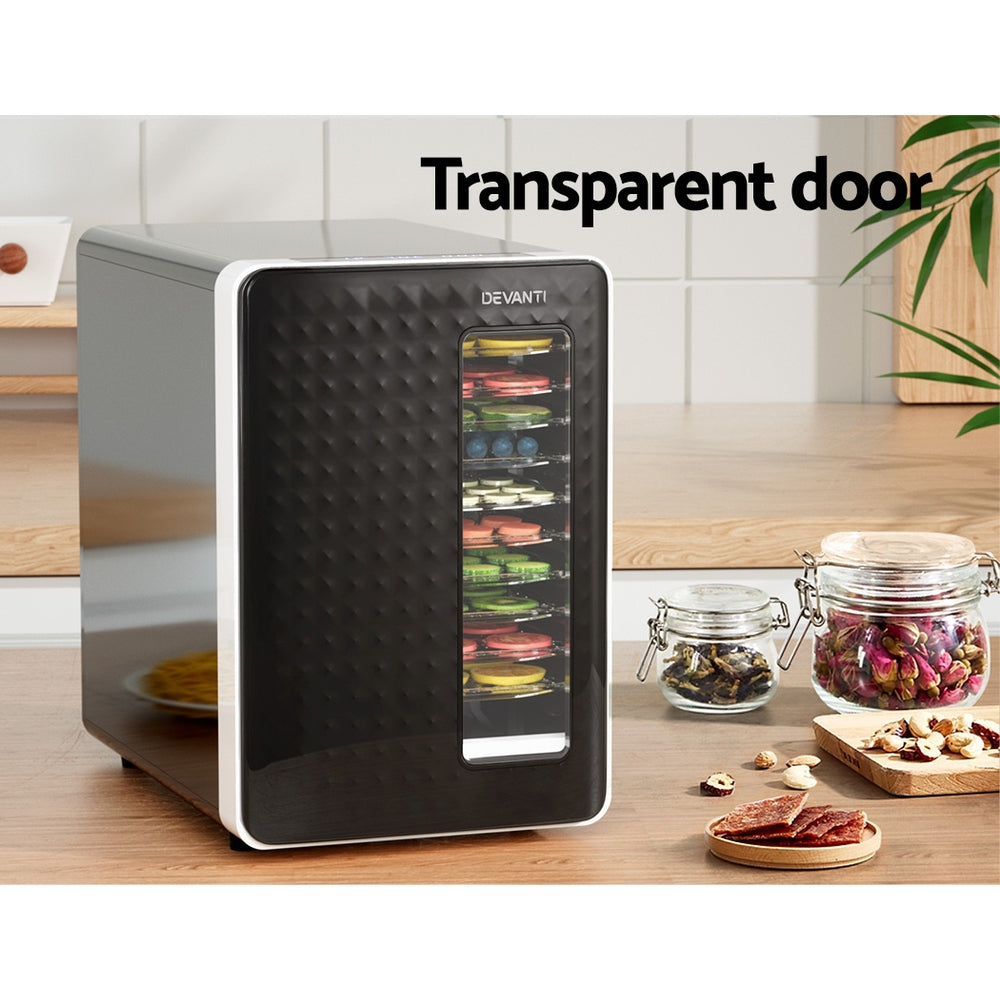 Devanti Food Dehydrator, 10 Plastic Trays, 550W, Clear Door, Digital Timer