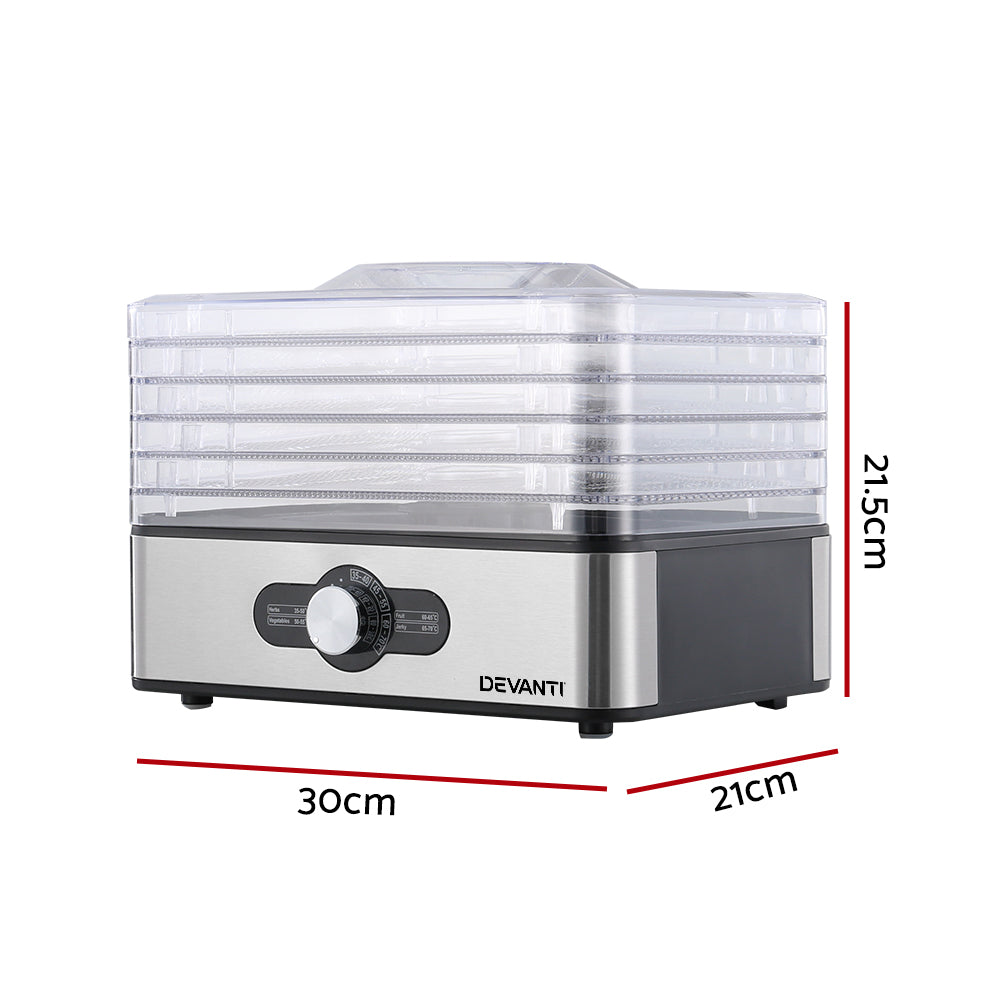 Devanti Food Dehydrator, 5 Stainless Trays, 240W, Knob Control, Silver