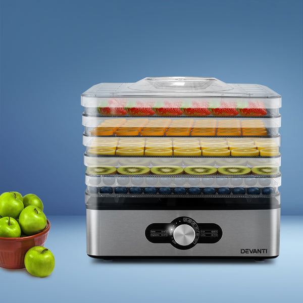 Devanti Food Dehydrator, 5 Stainless Trays, 240W, Knob Control, Silver