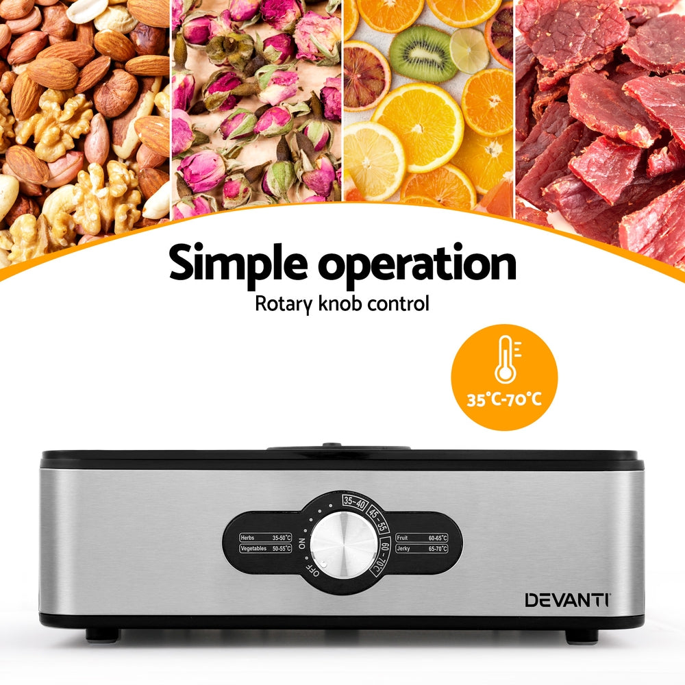 Devanti Food Dehydrator, 5 Stainless Trays, 240W, Knob Control, Silver