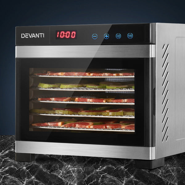 Devanti Food Dehydrator, 6 Stainless Trays, 500W, Stainless Steel Body