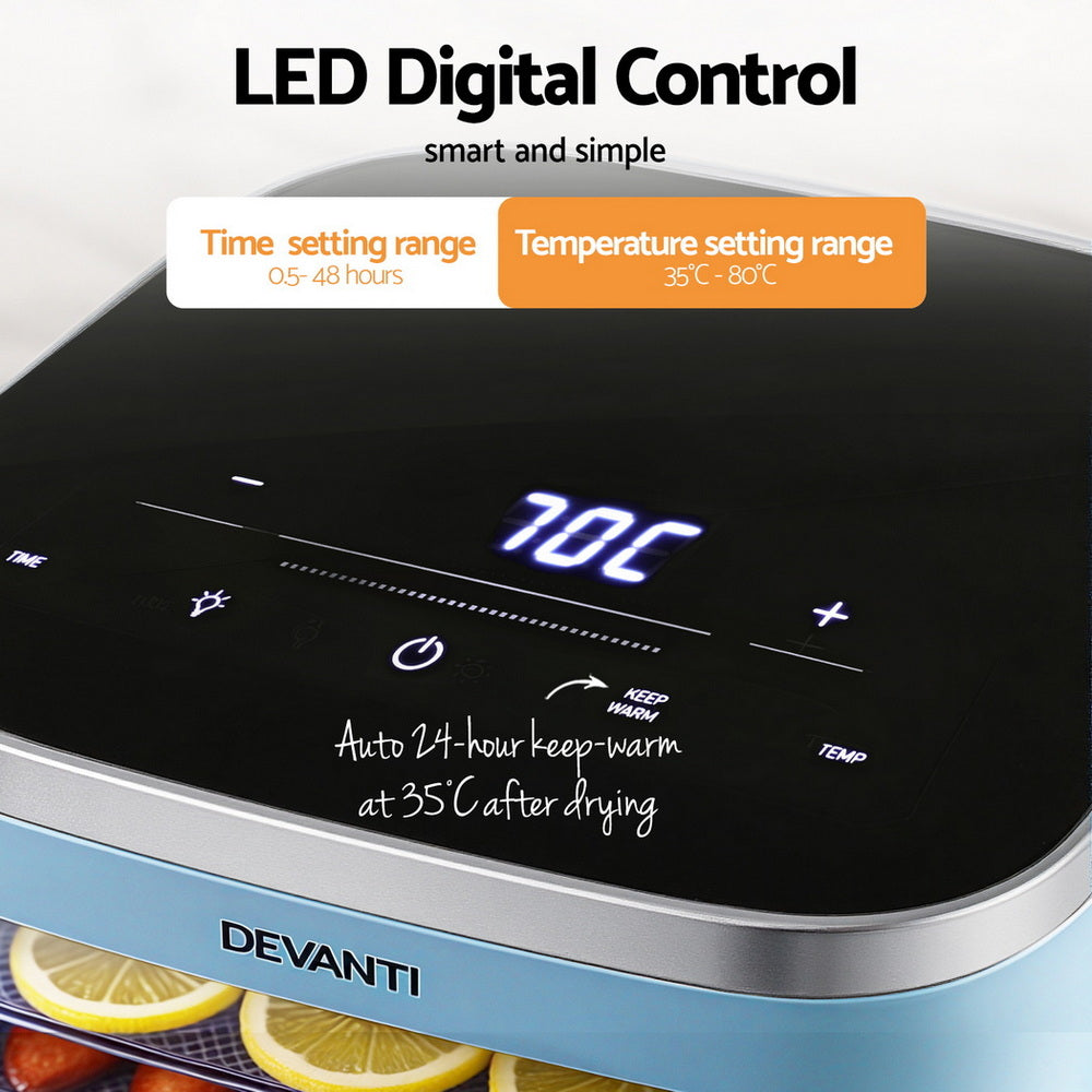 Devanti Compact Food Dehydrator, 5 Stainless Steel Trays, 500W, Blue