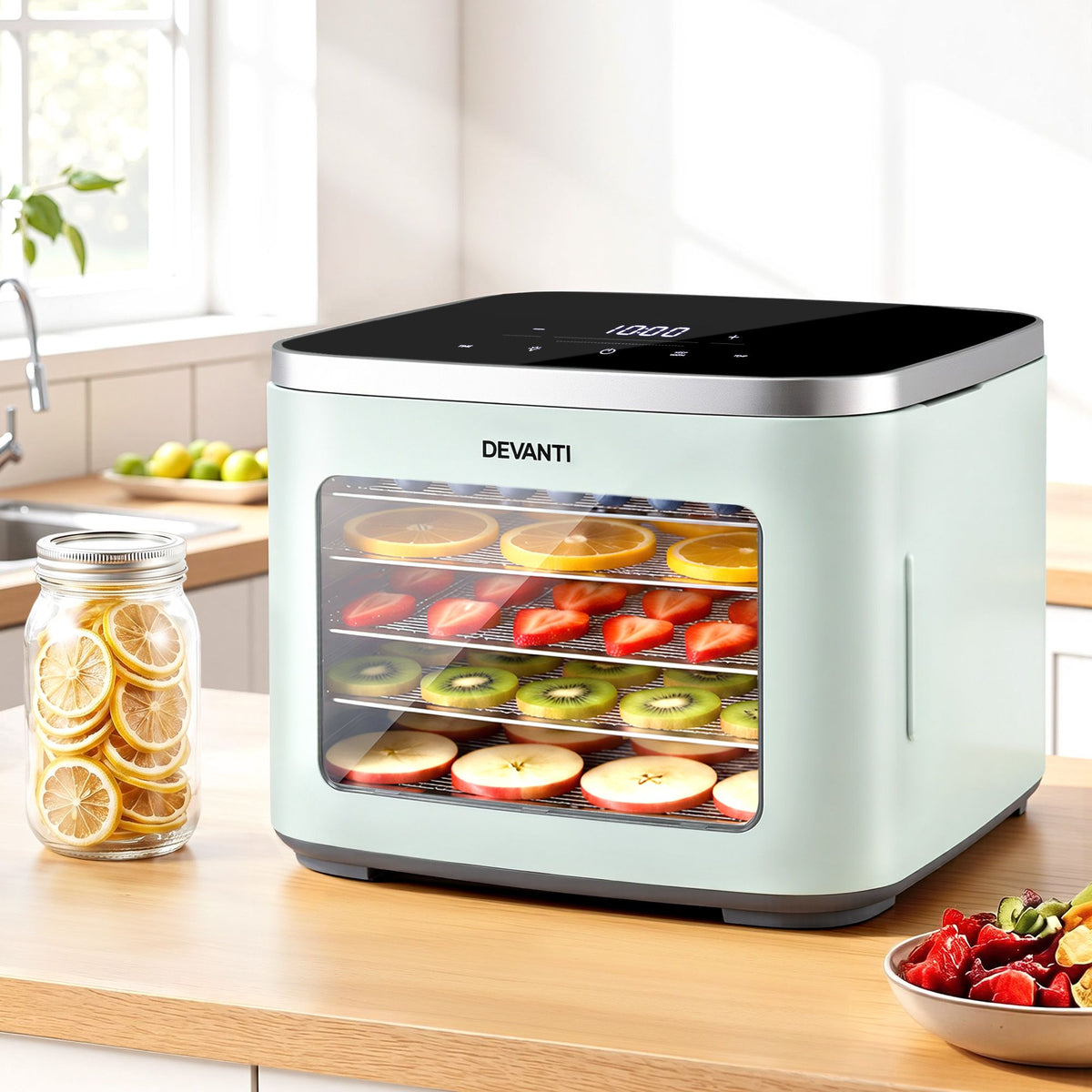 Devanti Compact Food Dehydrator, 5 Stainless Steel Trays, 500W, Green