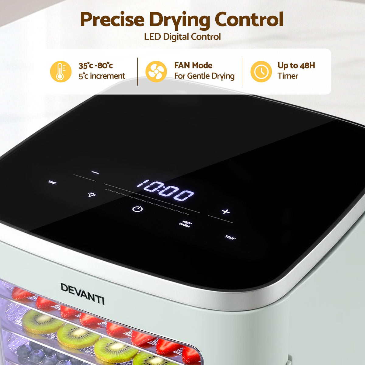 Devanti Compact Food Dehydrator, 5 Stainless Steel Trays, 500W, Green