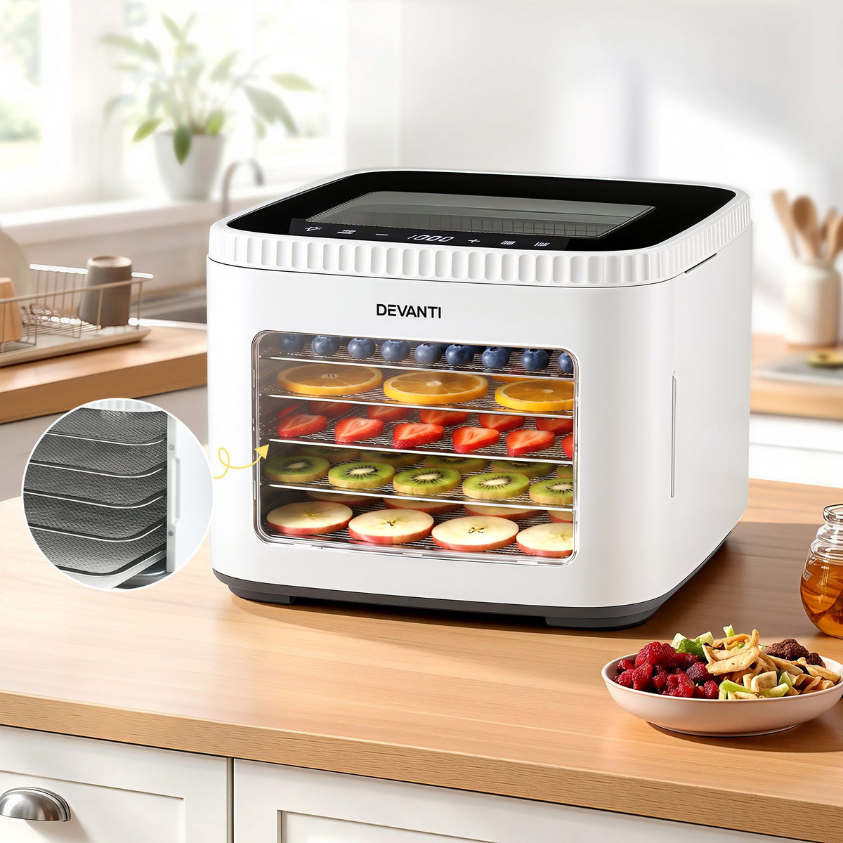 Devanti Compact Food Dehydrator, 5 Stainless Steel Trays, 500W, White