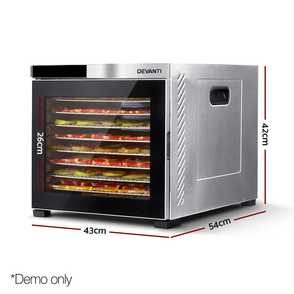 Devanti Food Dehydrator, 10 Large Stainless Trays, 1100W, Stainless Steel