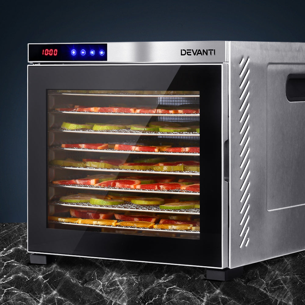Devanti Food Dehydrator, 10 Large Stainless Trays, 1100W, Stainless Steel