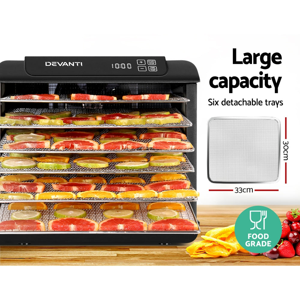Devanti Food Dehydrator, 6 Stainless Trays, 500W, Black