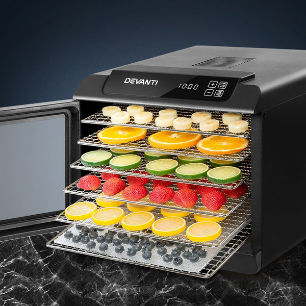 Devanti Food Dehydrator, 6 Stainless Trays, 500W, Black