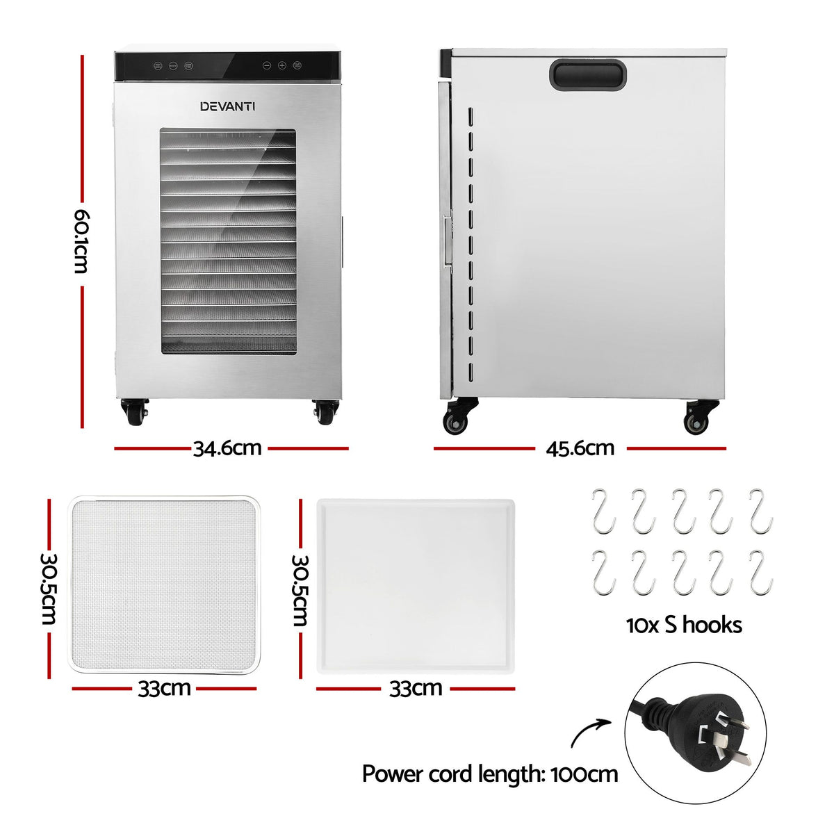 Devanti Food Dehydrator, 16 Stainless Steel Trays, Rotating, 1010W, Silver