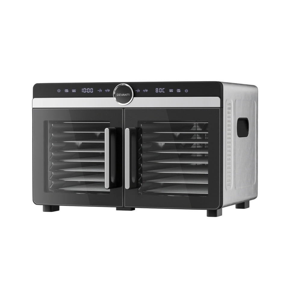 Devanti Dual-Zone Food Dehydrator, 16 Stainless Steel Trays, 1400W, Glass Door