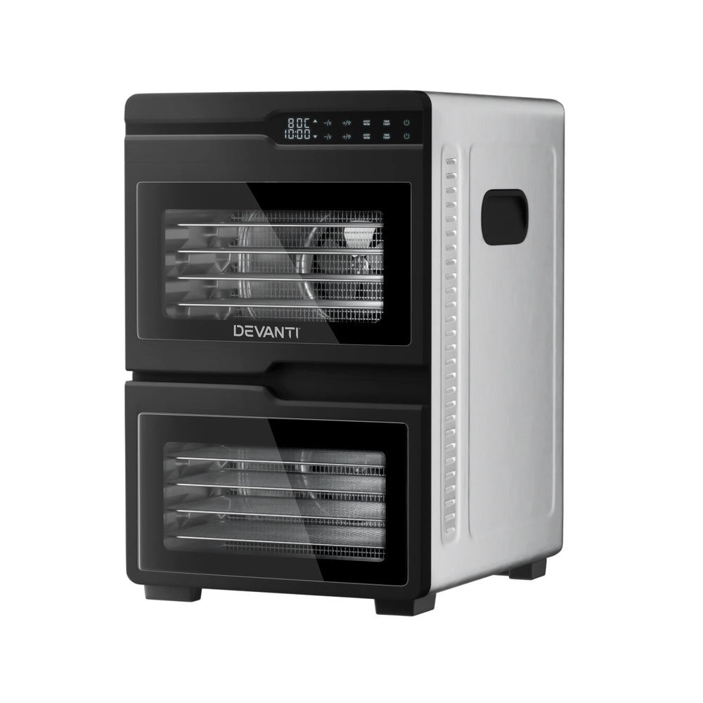 Devanti Dual-Zone Food Dehydrator, 12 Stainless Steel Trays, 1200W, Glass Door