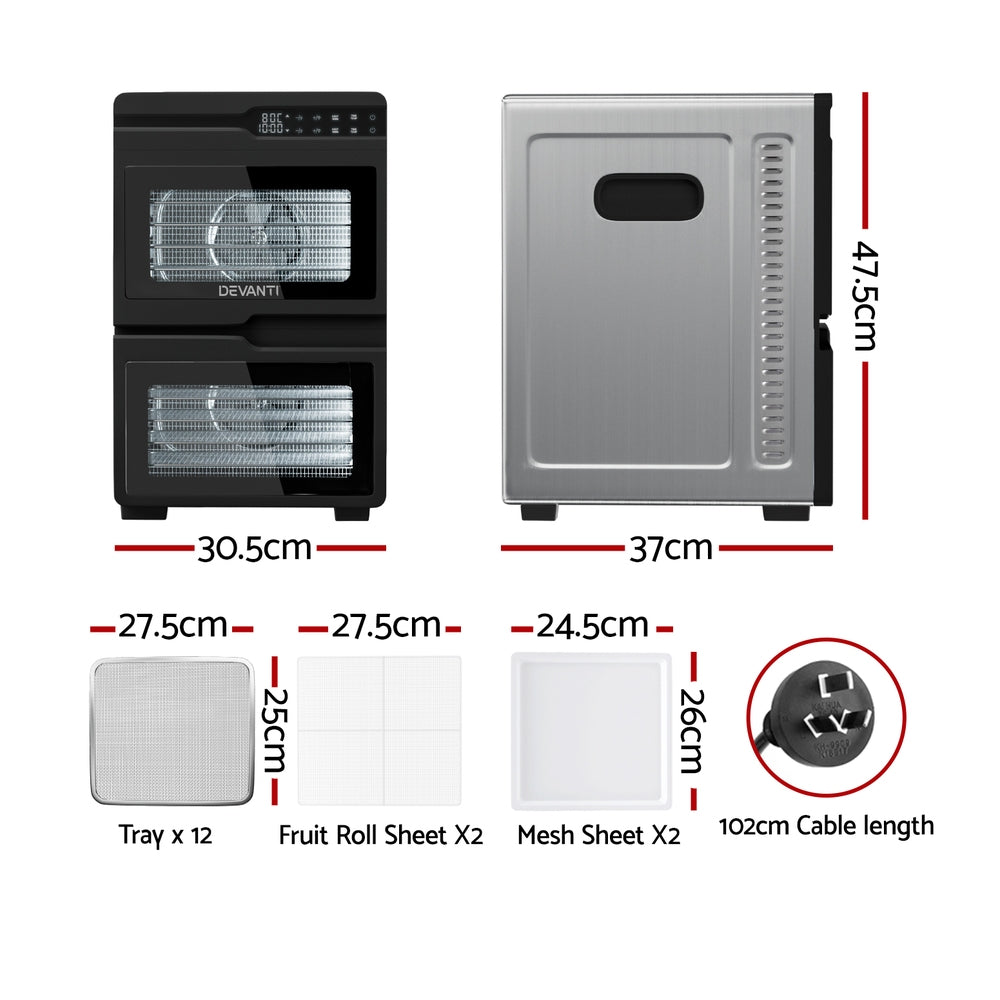Devanti Dual-Zone Food Dehydrator, 12 Stainless Steel Trays, 1200W, Glass Door
