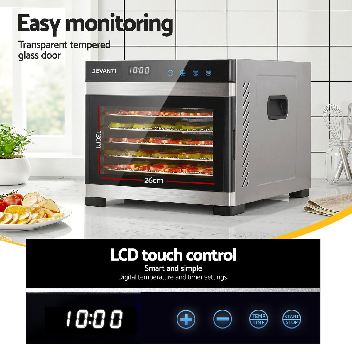 Devanti Food Dehydrator, 6 Stainless Steel Trays, 500W, Steel Body, Hanging Rack