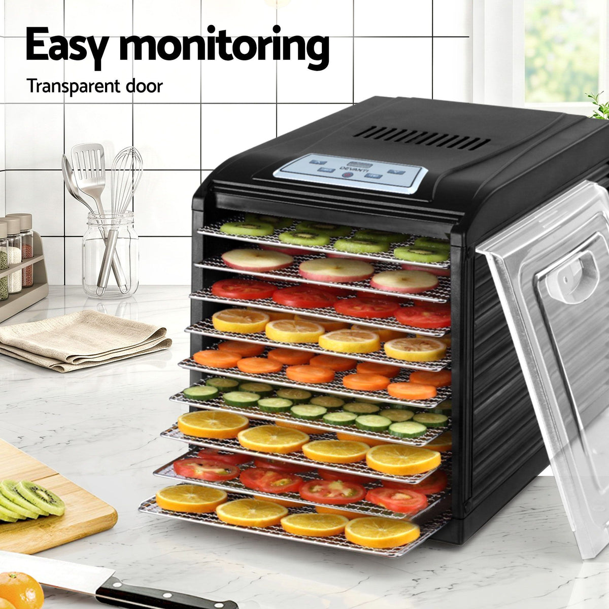 Devanti Food Dehydrator, 9 Stainless Steel Trays, 700W, Clear Door, Hanging Rack