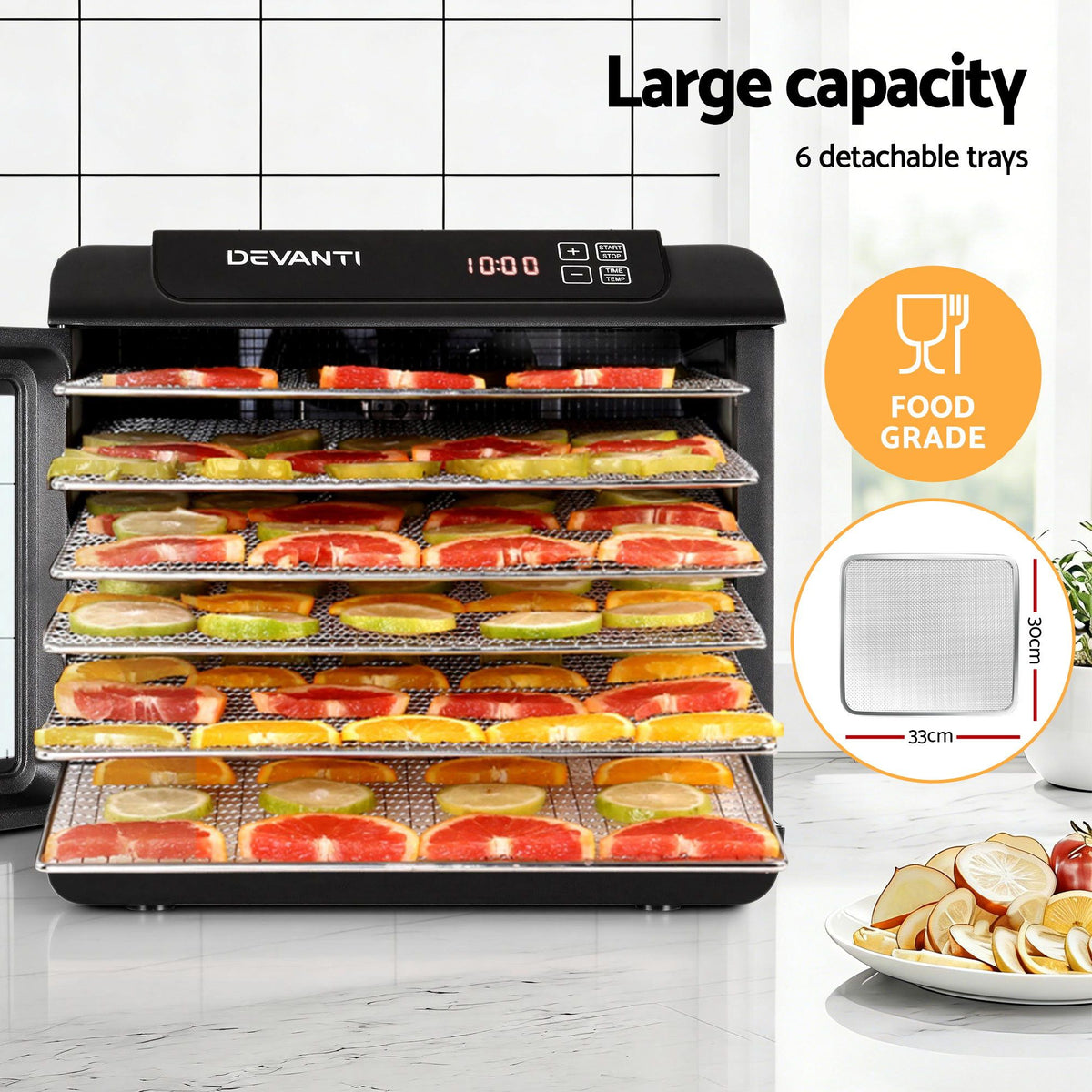 Devanti Food Dehydrator, 6 Stainless Steel Trays, 500W, Glass Door, Hanging Rack