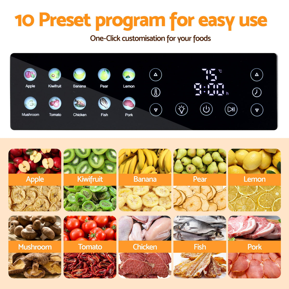 Devanti Food Dehydrator, 10 Stainless Steel Trays, 850W, Glass Door, 10 Presets