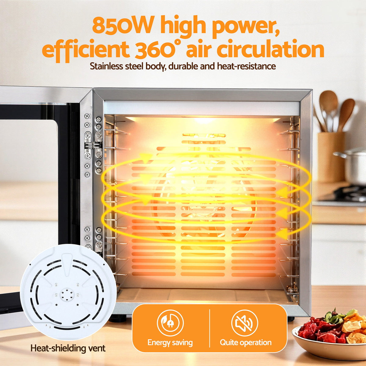 Devanti Food Dehydrator, 10 Stainless Steel Trays, 850W, Glass Door, 10 Presets