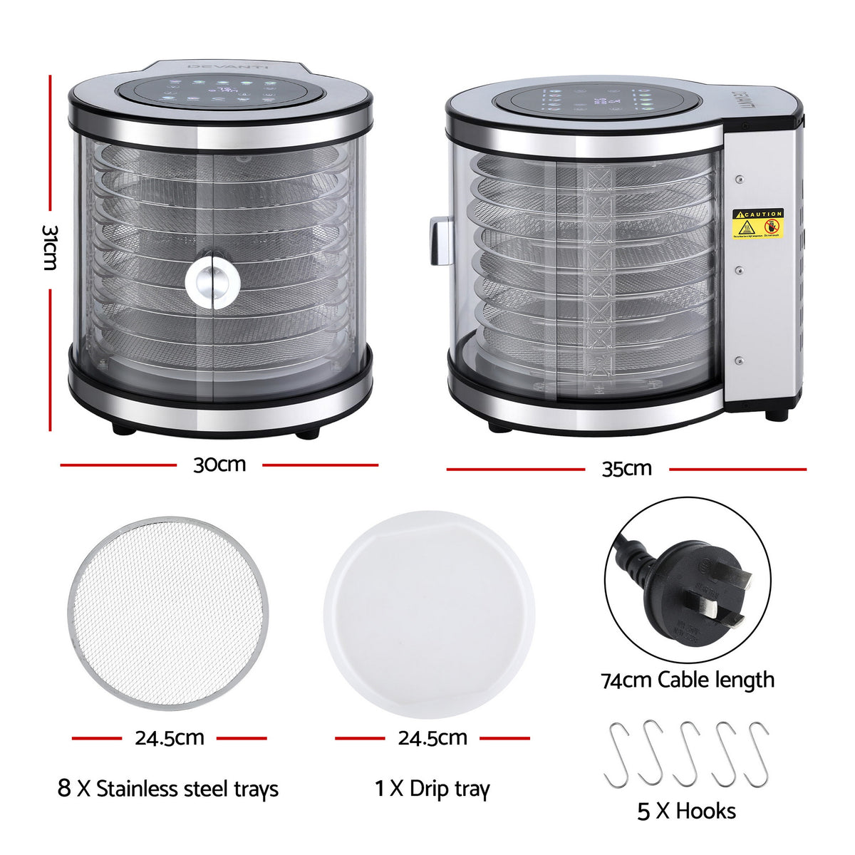 Devanti Food Dehydrator, 8 Stainless Steel Trays, 700W, Auto-Rotate, 10 Presets