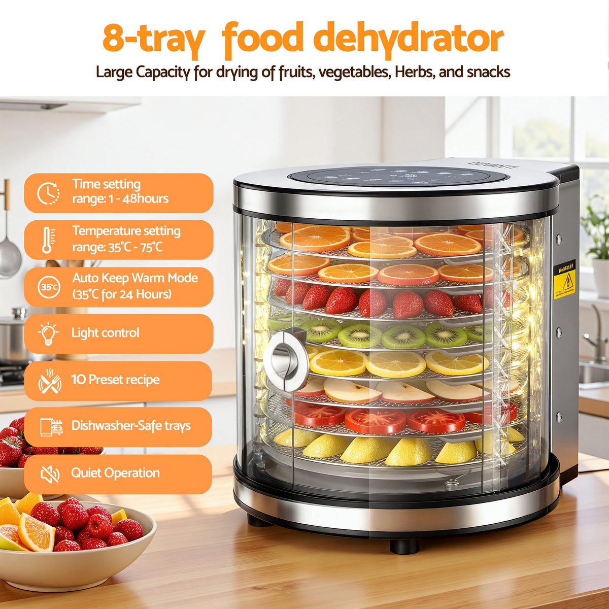 Devanti Food Dehydrator, 8 Stainless Steel Trays, 700W, Auto-Rotate, 10 Presets