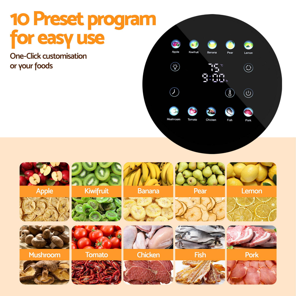 Devanti Food Dehydrator, 8 Stainless Steel Trays, 700W, Auto-Rotate, 10 Presets