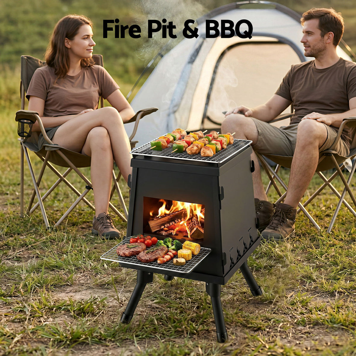 Grillz Portable Wood and Charcoal Stove, Foldable, with Carry Bag