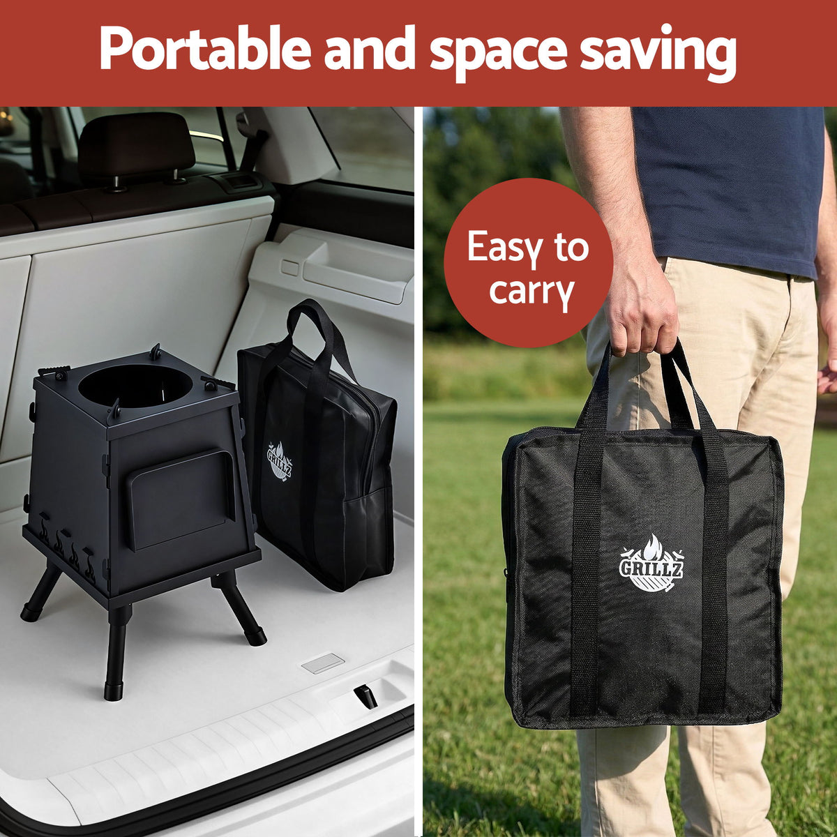 Grillz Portable Wood and Charcoal Stove, Foldable, with Carry Bag