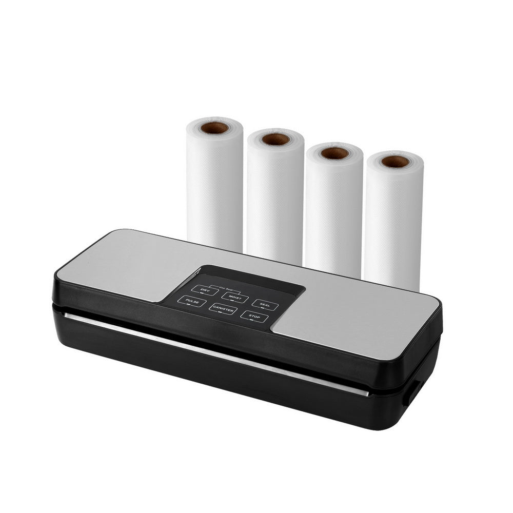 Devanti Food Vacuum Sealer, 5 Modes, Slide Cutter, Black, with 4 Bag Rolls (15cm)