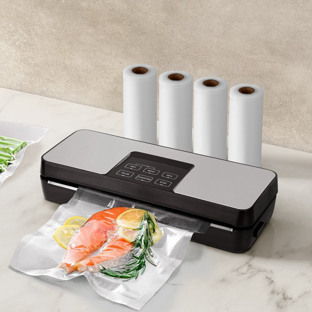 Devanti Food Vacuum Sealer, 5 Modes, Slide Cutter, Black, with 4 Bag Rolls (15cm)