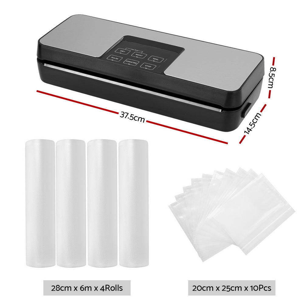 Devanti Food Vacuum Sealer, 5 Modes, Slide Cutter, Black, with 4 Bag Rolls (28cm)