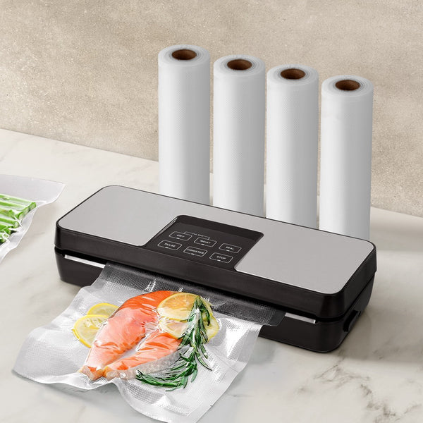 Devanti Food Vacuum Sealer, 5 Modes, Slide Cutter, Black, with 4 Bag Rolls (28cm)