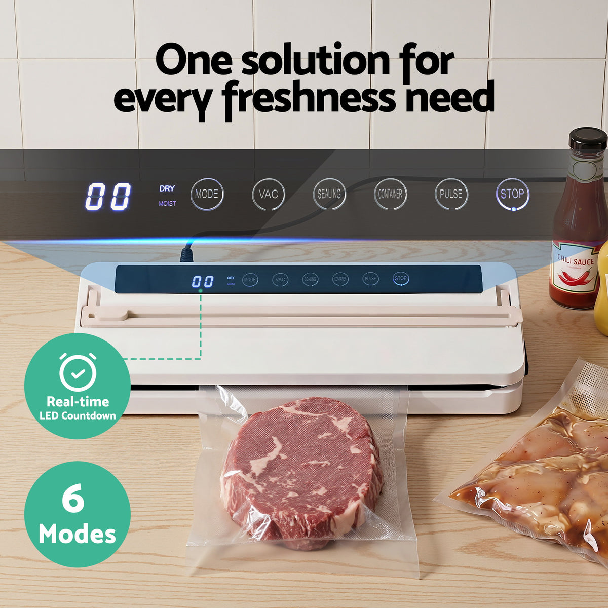 Devanti Food Vacuum Sealer, 6 Modes, LED Timer, White