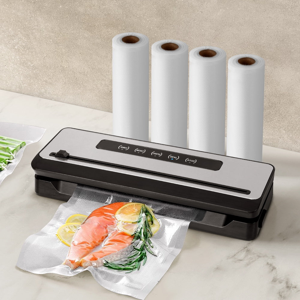 Devanti Food Vacuum Sealer, 4 Modes, 32cm Seal Bar, Black, with 4 Bag Rolls (28cm)