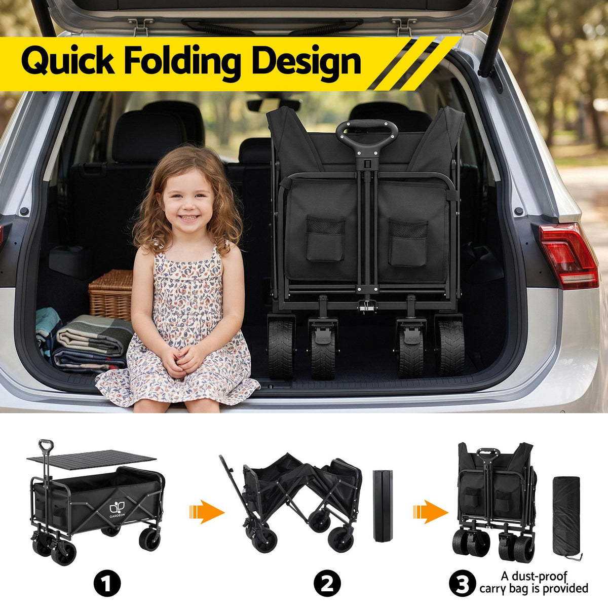 Gardeon Folding Camping Wagon 150L with Tailgate Table, Black