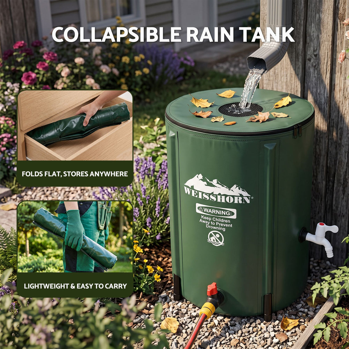 Weisshorn 50L Collapsible Rain Barrel with Tap and Mesh Filter