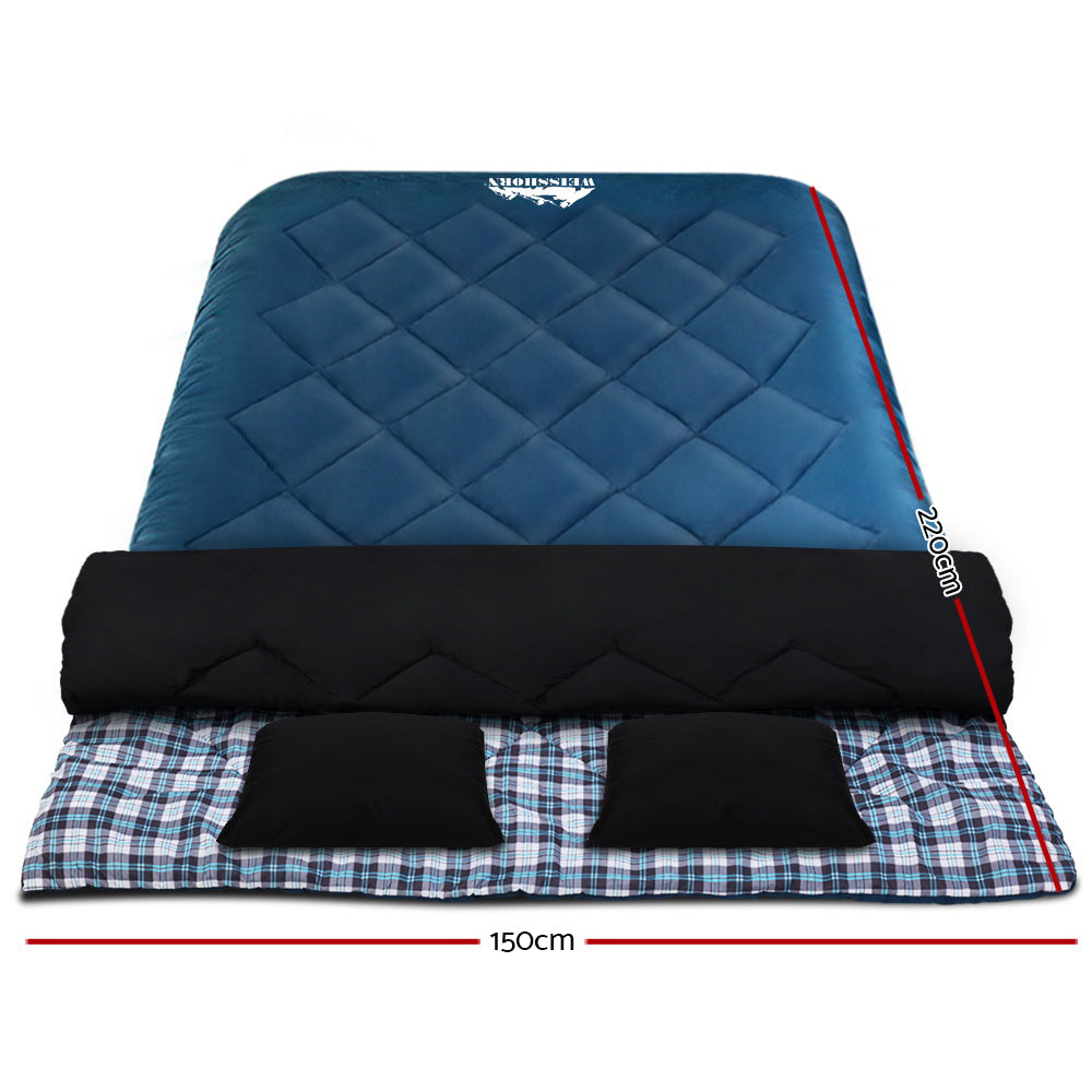 Weisshorn Double Sleeping Bag with 2 Pillows, -10°C, Blue