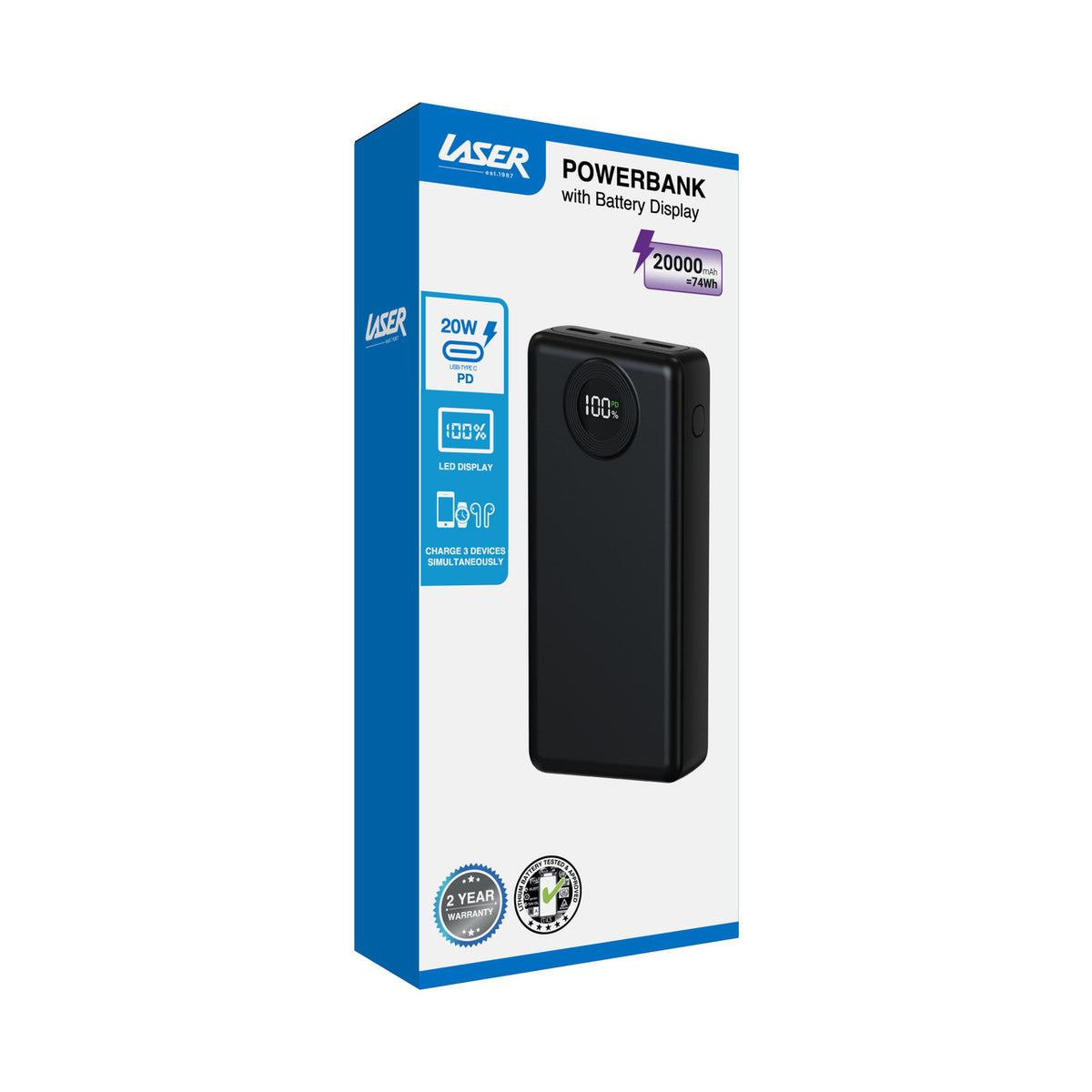Laser 20000mAh Power Bank, 20W USB-C PD, LED Display, Black
