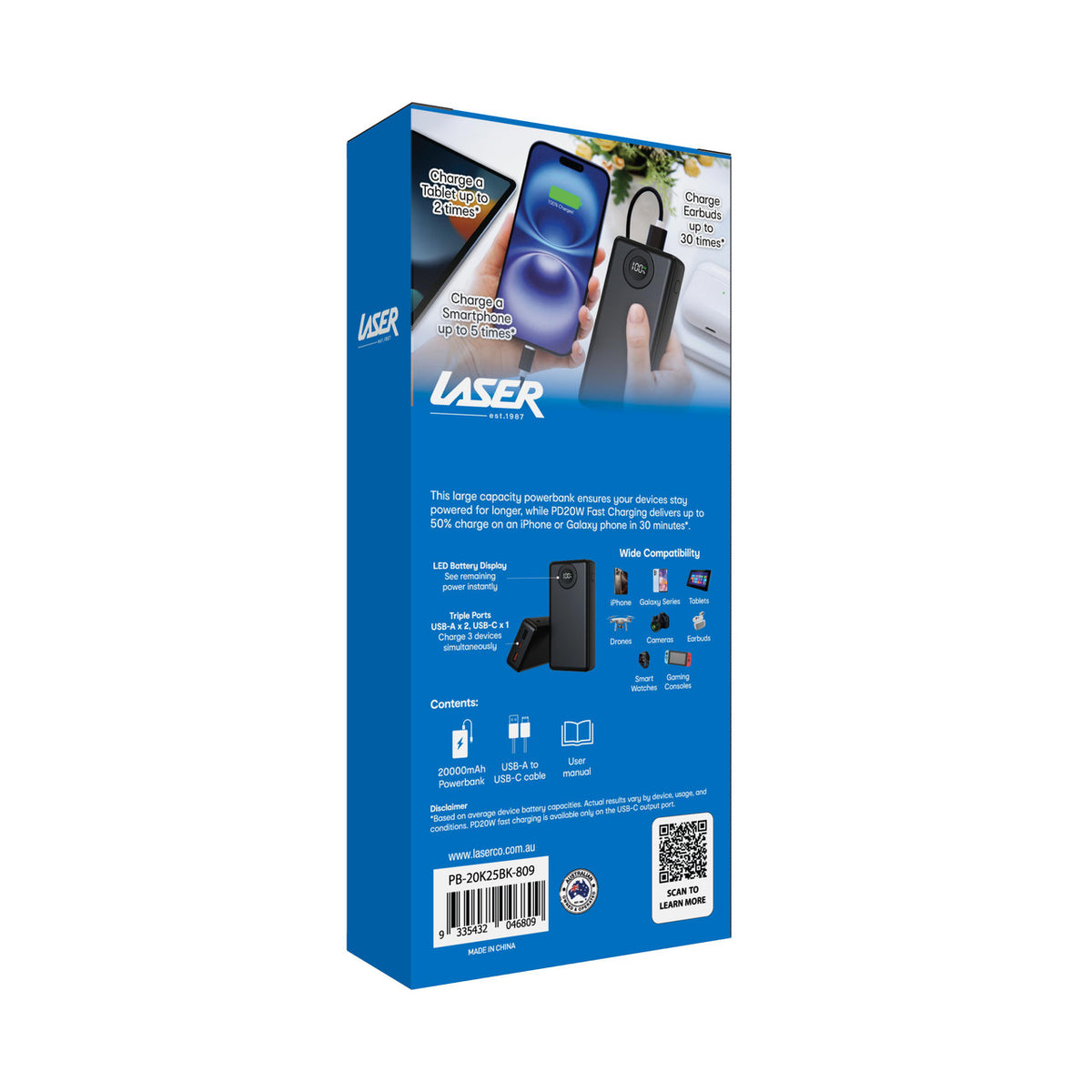 Laser 20000mAh Power Bank, 20W USB-C PD, LED Display, Black