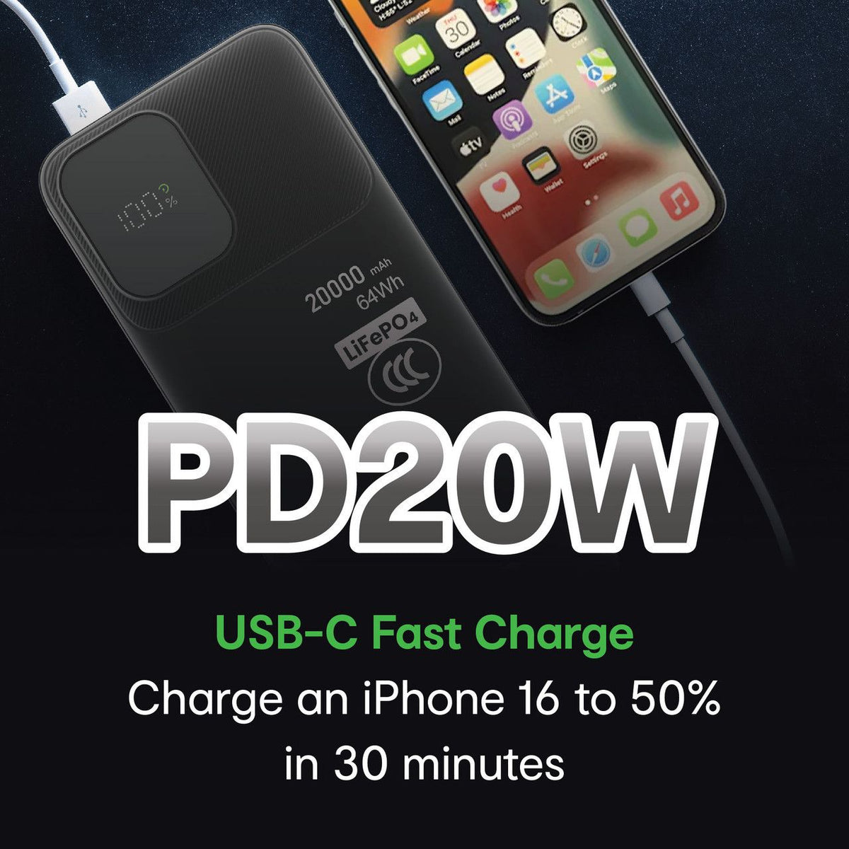 Laser 20000mAh LiFePO4 Power Bank, 20W USB-C PD, Green