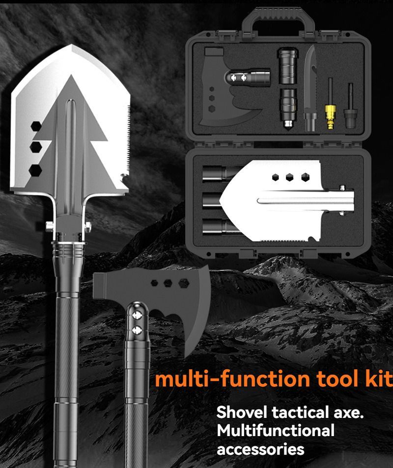 multifunctional entrenching shovel, axe set, outdoor camping, folding shovel, vehicle mounted tool, emergency kit, Australian outback, hiking tool, digging axe, bushcraft gear - Black - Size XD14-26B-F8