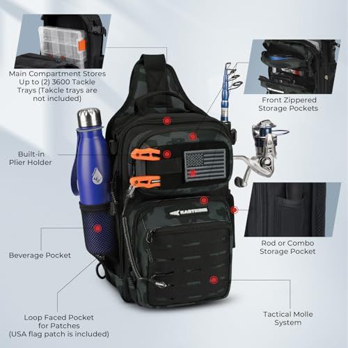MOLLE Fishing Sling Bag with Rod Holder, Black Camo
