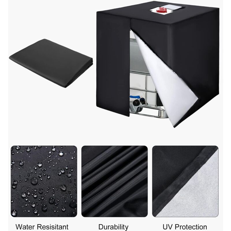 Foldable Black IBC Tank Cover with Storage Bag, 420D Oxford, 120 x 100 x 116 cm