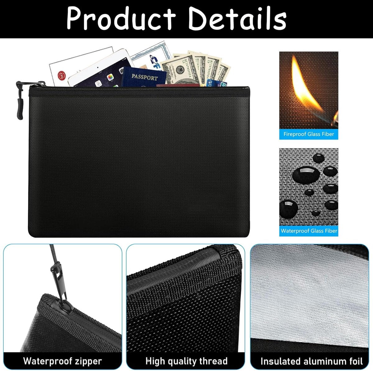 pieces - fireproof bag - A4/A5 - fireproof document holder - fireproof storage bag - fireproof money bag - fireproof pouch - for passport, card and valuables - 28*17cm, 34*24 cm - black