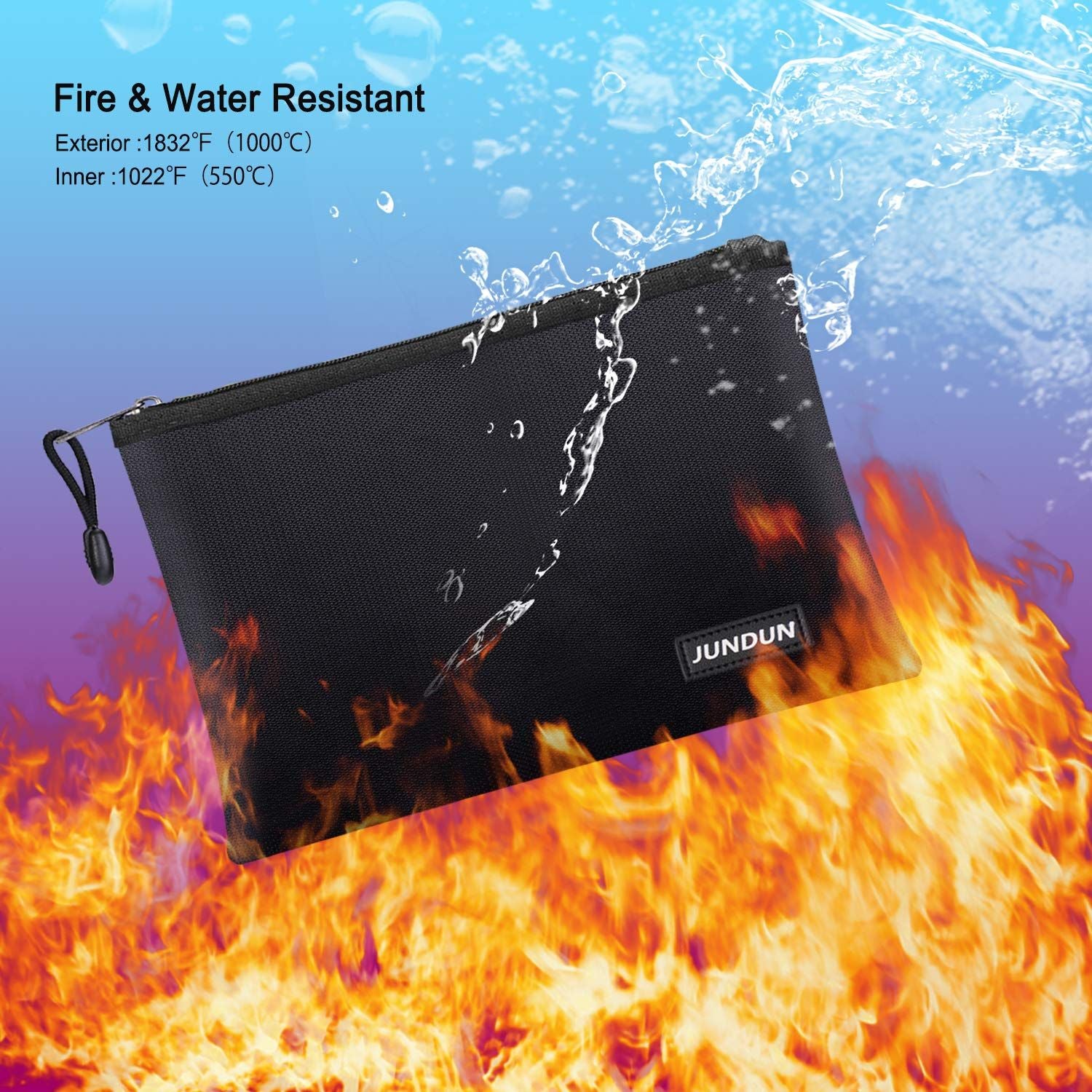 Fireproof Document Bags,Waterproof and Fireproof Money Bag with Aluminum Foil Lining,Fireproof Safe Storage Pouch with Zipper for Document and Cash,Black(20.5*13.5C)